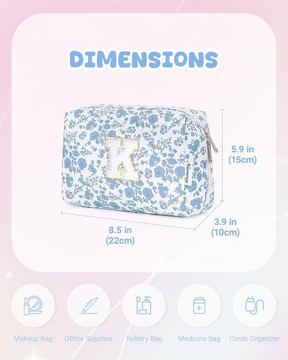 Narwey Birthday Gifts for Teen Girls Kids Women Personalized Initial Floral Makeup Bag Cute Cosmetic Trendy Stuff 6 8 10 11 12 13 14 16 18 Years Old Travel Toiletry Bag (Little Blue Flower K)