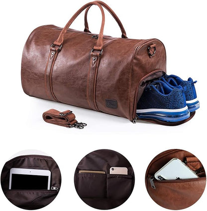 Leather Travel Bag with Shoe Pouch, Waterproof Weekender Overnight Bag,Carry On Duffel Bag for Men Women-Brown