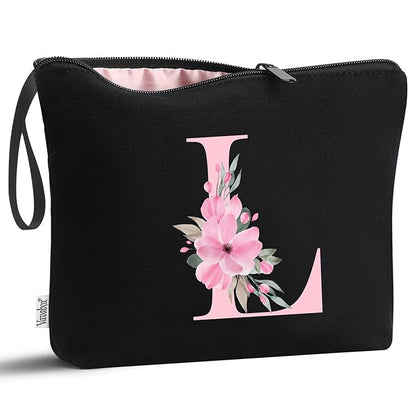 Vavabox A-Z Personalized Makeup Bag, Birthday Gifts for Women Mom, Gifts for Best Friend, Bride Bridesmaid Cosmetic bag (L, Black)