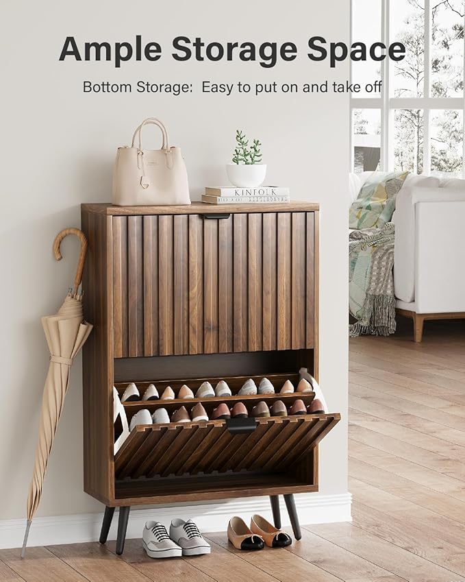 Fluted Shoe Storage for Entryway, Walnut Hidden Cabinet with Metal Legs, Organizer with Flip Doors, Slim Entryway Storage