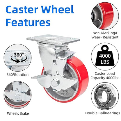 Nefish 5 Inch Industrial Casters Set of 4, Heavy Duty Casters with Brake 4000 Lbs, No Noise Polyurethane Wheel on Steel Hub, Swivel Plate Caster Wheels for Toolbox Workbench (4 Swivel & Brakes)