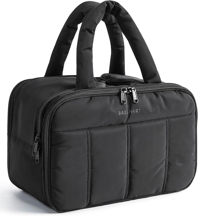 BAGSMART Travel Toiletry Bag, Puffy Large Toiletry Bag for Women, Lightweight Cosmetic Makeup Bag Organizer with Handle for Traveling, Accessories, Essentials, Toiletries (Black)