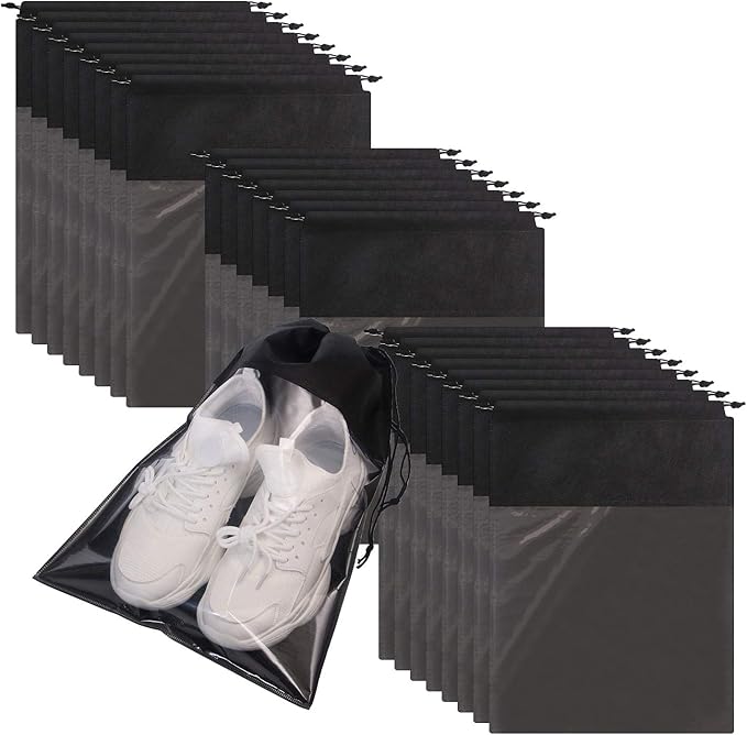 24 Pack Portable Shoe Bags for Travel Large Shoes Pouch Storage Organizer Clear Window with Drawstring for Men and Women Black