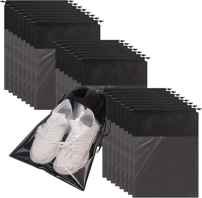 24 Pack Portable Shoe Bags for Travel Large Shoes Pouch Storage Organizer Clear Window with Drawstring for Men and Women Black