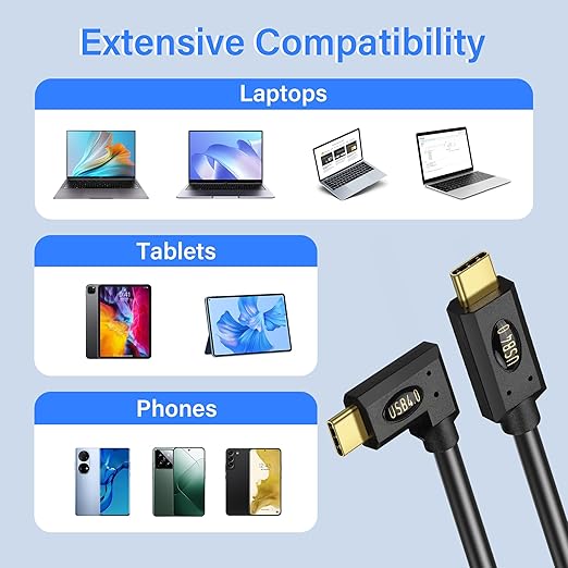 30CM USB 4.0 Type C Male to Male 90 Degree Cable, 240W Fast Charge, 40Gbps Data & 8K@60Hz Video, Compatible with Laptops, Phones, Tablets & More