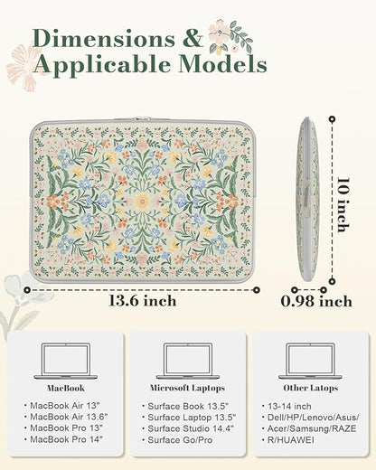 iCasso Laptop Sleeve 13 inch for MacBook Air 13-13.6 inch, Cute Laptop case for MacBook Pro 13 inch, Slim Protective Travel Carrying Case for MacBook Pro 14 inch, Chromebook, HP, Green Boho Floral