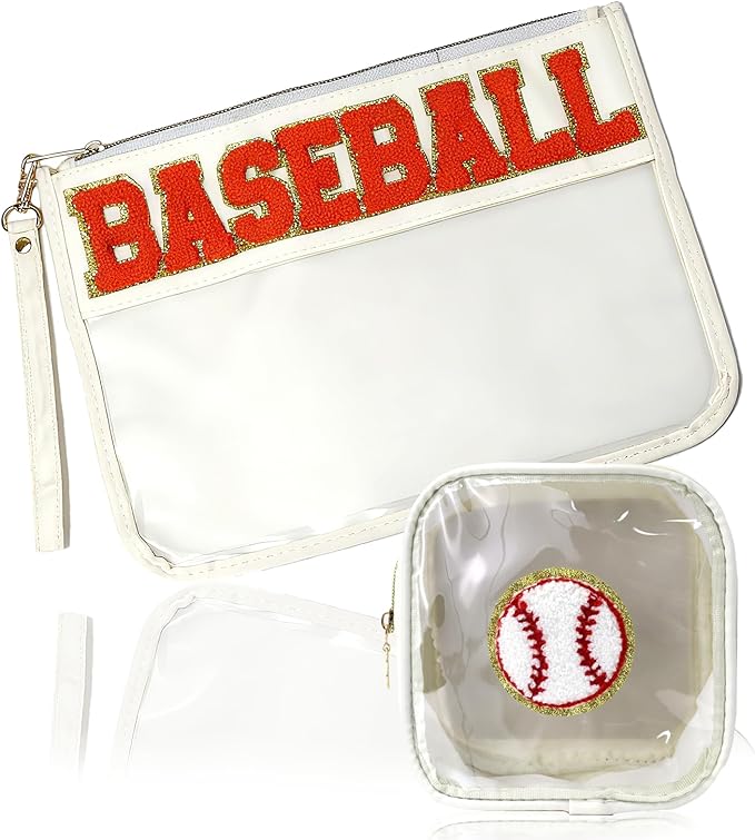 2 Pcs Baseball Gifts Makeup Bag with Chenille Letter Patch,with Handles Baseball PVC Waterproof Clear Makeup Bag,Portable Toiletry Storage Bag,Players & Fans Birthday, Team or Sports Lover Presents