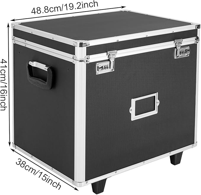 Locking File Storage Box Portable, Aluminum Alloy File Organizer Box Mobile Document Box with Wheels, Hand Pull Locking File Case File Cabinet for Home Office Hospitals Banks School (Black)