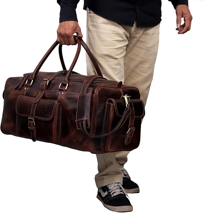 Leather Farm Travel Duffel Bags for Men & Women - Premium 24" Mens Weekender Overnight Gym Bag, Carry-On Luggage with Spacious Compartments, Stylish Leather Duffel Bag for Airplane, Sports & Trips