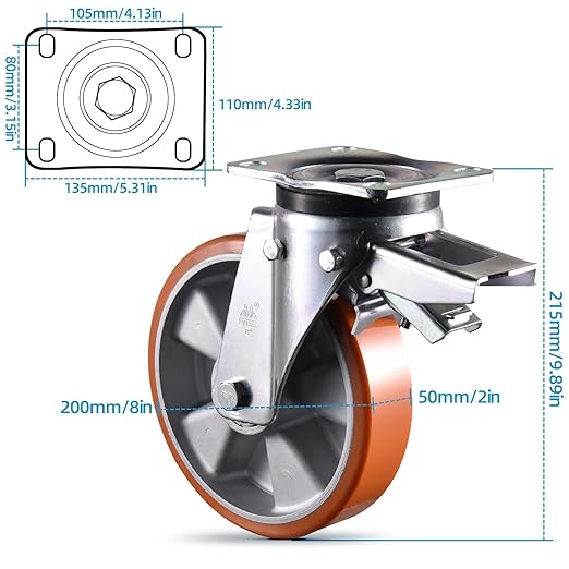 Super Heavy Duty Plate Casters Load 6500Lbs 8 inch Casters Set of 4 Swivel & Fixed Industrial Aluminum Core PU Wheels for Cart Furniture and Workbench Locking Outdoor Dolly Rigid Castors Load 6500Lbs