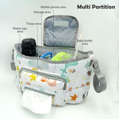 Universal Stroller Organizer with Cup Holder, Animal Patterns Stroller Bag Caddy Organizer, Large Capacity Stroller Caddy with Detachable Shoulder Strap