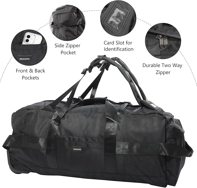 80L Rolling Duffle Bag with Wheels - Heavy-Duty 33.5" Foldable Duffel, Water-Resistant Wheeled Luggage with Shoulder Straps for Camping, Gym, Airplane (Black)