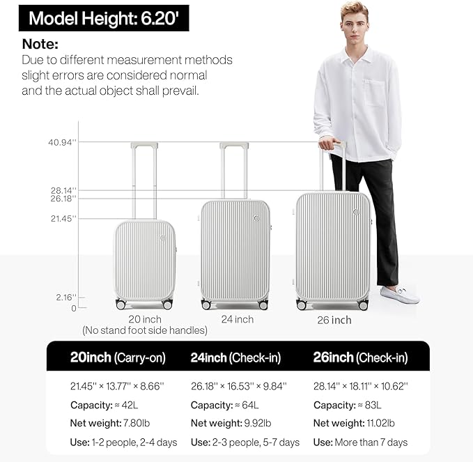 mixi Checked Luggage with Cup Phone Holder Hard Shell Rolling Travel Suitcase with Spinner Wheels,26 Inch Smoke White