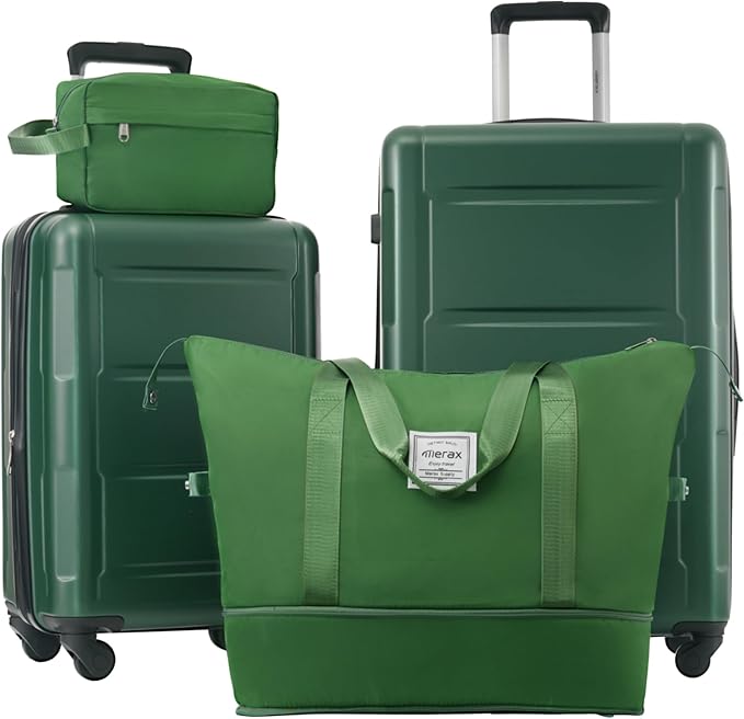 Merax Luggage Sets 4 Piece Suitcase Set, Expandable Hardside 20 IN & 24 IN Suitcase Set with Duffel Bag, Lightweight Travel Luggage with Spinner Wheels and TSA Lock(Dark Green)
