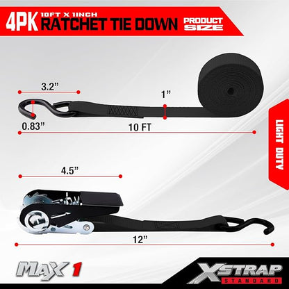 XSTRAP STANDARD Ratchet Tie Down Straps 4 Pk 10 Ft- 300 Lbs Load Cap- 900 Lbs Break Strength-Cargo Straps for UTV, ATV, Pickup,Truck, Moving Appliances, Lawn Equipment, Black