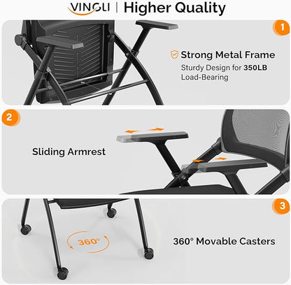 VINGLI 8 Pack Stackable Conference Room Chairs with Wheels, Folding Office Chair with Rebound Back, Padded Seat for Training Room, Guest, Reception, Event, Capacity 350lbs, Black