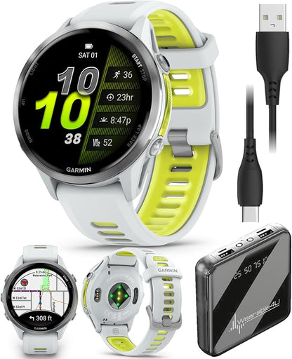 Wearable4U Garmin Forerunner 970 Titanium Smartwatch with Whitestone Case and Whitestone/Translucent Amp Yellow Band, AMOLED Display Power Bank Bundle