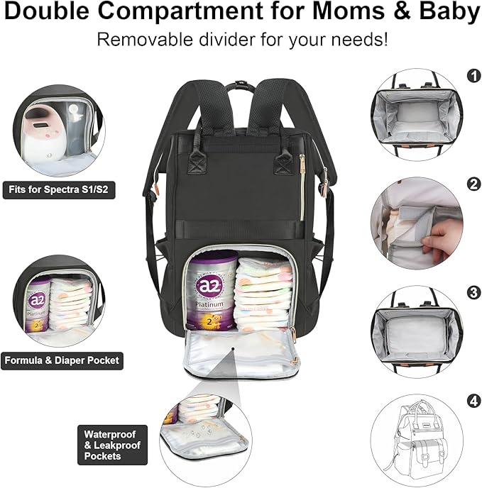 PIIOSER Diaper Bag Tote with Ice Pack, Large Capacity & Waterproof Bag Travel Backpack for Moms Dads, Insulated Insulated Baby Cooler Bag with Changing Pad, Stroller Straps & Pacifier Case, Black