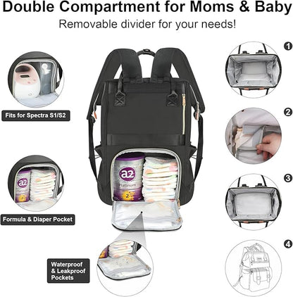 PIIOSER Diaper Bag Tote with Ice Pack, Large Capacity & Waterproof Bag Travel Backpack for Moms Dads, Insulated Insulated Baby Cooler Bag with Changing Pad, Stroller Straps & Pacifier Case, Black