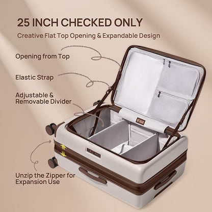 NINETYGO Medium Checked Luggage 25 Inch, Flat Top Opening Checking In Luggage with Cup Holder, Expandable, Coffee-Infused PC Hard Shell, Eco-Friendly, TSA Lock, 360° Spinner Wheels (Oats White)
