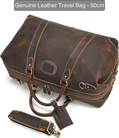 Full-grain Genuine Leather Travel Bag Large Capacity Luggage Duffel Bag for Men Shoulder Handbag Holiday Business Trip Bag, Brown