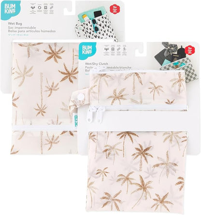Bumkins - Waterproof Wet Bag & Wet/Dry Clutch Bags - For Beach, Baby, Travel, Swim Suit, Cloth Diapers, Pump Parts, Pool, Gym, Toiletries - Reusable & Easy to Clean - Palm Trees - 2 Pack