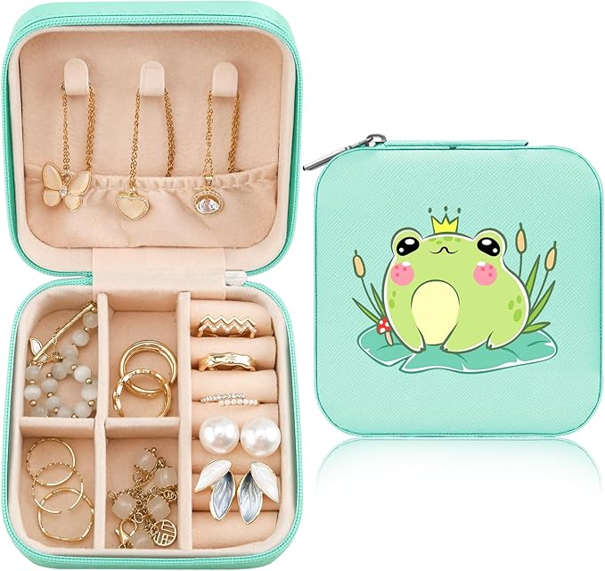 MAYCARI Jewelry Box with Cute Frog Pattern Design, PU Leather Jewelry Travel Organizer Case-Rings/Earrings/Necklace Storage Box for Women Birthday Mom Friends Her Bridesmaids Girls s