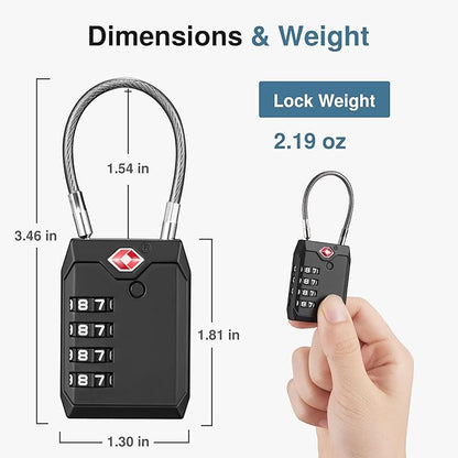 Puroma TSA Locks for Luggage, 2 Pack Luggage Locks TSA Approved 4-Digit Combination Cable Travel Lock Zinc Alloy for Suitcases, Bags, Toolboxes, Backpacks & Gym Lockers (Black)