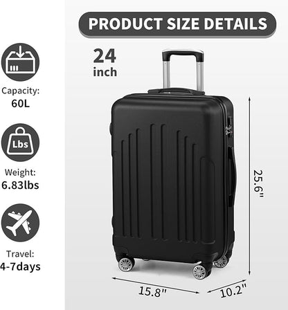 Karl home 24in Checked Luggage with TSA Lock, ABS Hardshell Check-in Suitcase with Spinner Wheels, Durable Medium Suitcase Rolling Luggage for Business Travel, Black
