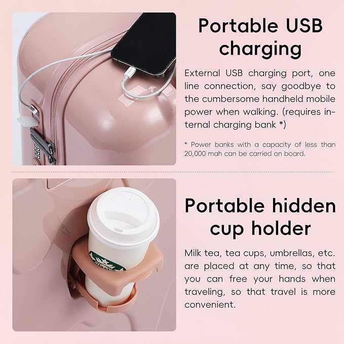 ROAMING 26 Inch Pink PC Hard Sided Checked Large Luggage with TSA Lock Cup Holder USB Charging Port and Spinner Wheels Lightweight Durable Ice Cream Travel Suitcase for Women Melt into Journeys