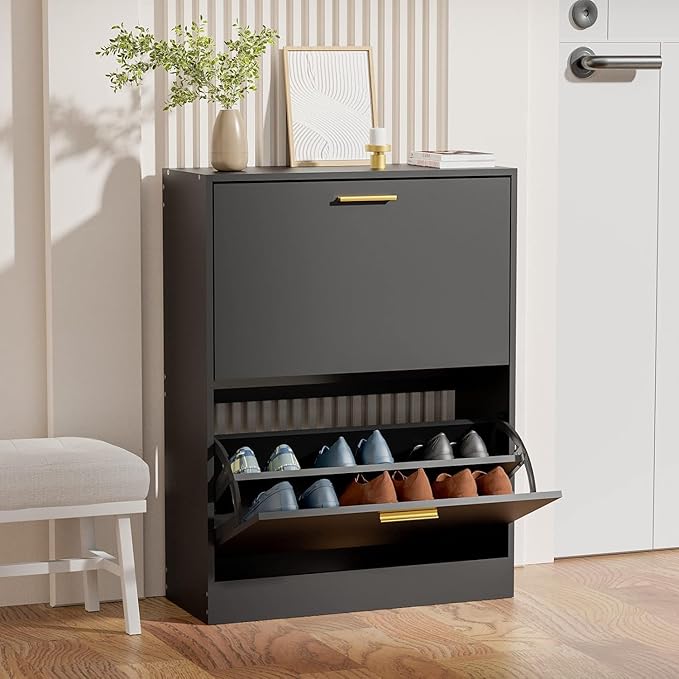 JOZZBY Shoe Cabinet Storage for Entryway, Slim Black Hidden Shoe Organizer Cabinet with 2 Flip Drawers, Wooden Narrow Shoe Rack with 2 Tier Freestanding for Hallway, Living Room