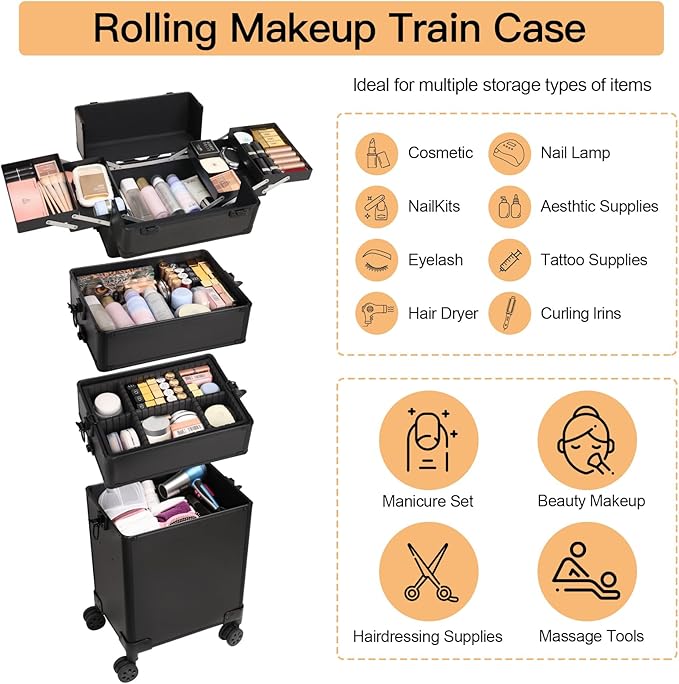 Professional Rolling Makeup Case, Cosmetology Case on Wheels 4 in 1 Large Cosmetic Train Case, Ideal Gift for Hairstylist, Nail Techs, Portable Beauty Organizer for Travel or Salon Use,Black