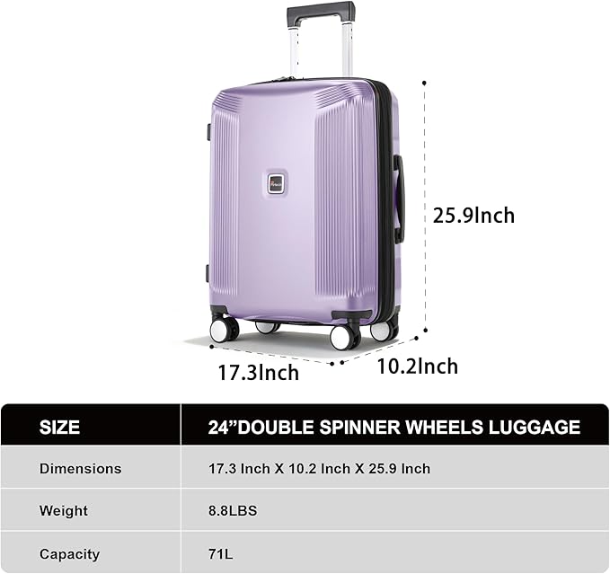 Luggage Sets 3 Piece, Lightweight Expandable PC Hardside Durable Suitcases with Spinner Wheels & TSA Lock, 20/24/28 Inch, Purple