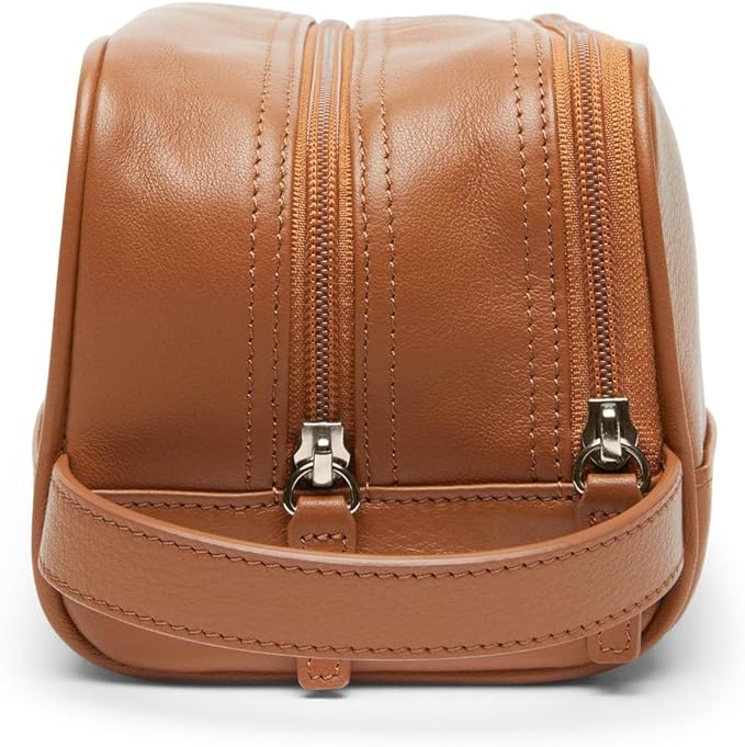 Leatherology Cognac Leather Toiletry Bag – Small Double Zip Dopp Kit – Full Grain Leather Travel Organizer with Water-Resistant Lining – Compact Grooming Bag for Men or Women