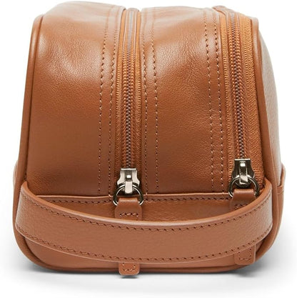 Leatherology Cognac Leather Toiletry Bag – Small Double Zip Dopp Kit – Full Grain Leather Travel Organizer with Water-Resistant Lining – Compact Grooming Bag for Men or Women
