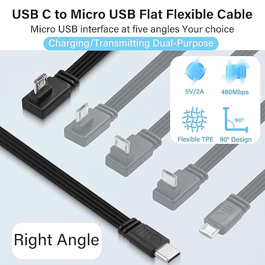 Flexible USB Type-C to Micro USB Cable,90 Degree Micro 5pin to USB C Flat Data Cable,Type C-to-Micro Short Flat Cable Supporting Charging& DataTransfer,for Phone,Camera,-30CM(Right Angle