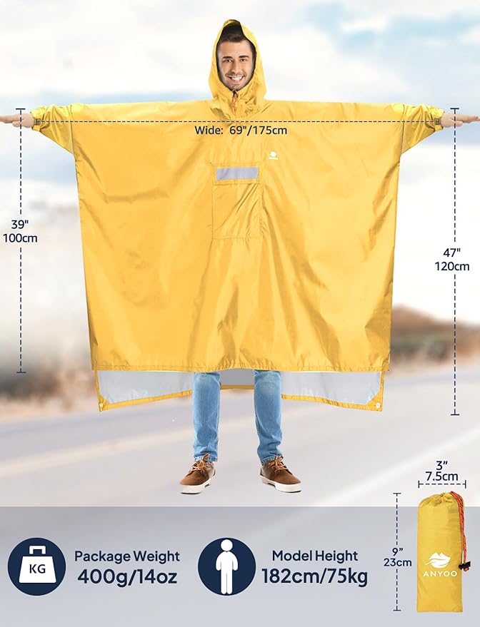 ANYOO Hooded Rain Poncho for Adults Waterproof Lightweight Rain Coat for Men Women Reusable Rain Jacket for Emergency Outdoor