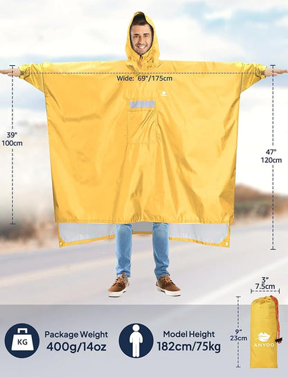 ANYOO Hooded Rain Poncho for Adults Waterproof Lightweight Rain Coat for Men Women Reusable Rain Jacket for Emergency Outdoor