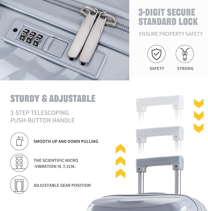 LARVENDER Luggage Sets 3 Piece, Hardside PP Carry On Luggage Suitcase with 360° Spinner Wheels Suitcase Sets for Women Men, Silver Grey