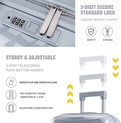 LARVENDER Luggage Sets 3 Piece, Hardside PP Carry On Luggage Suitcase with 360° Spinner Wheels Suitcase Sets for Women Men, Silver Grey