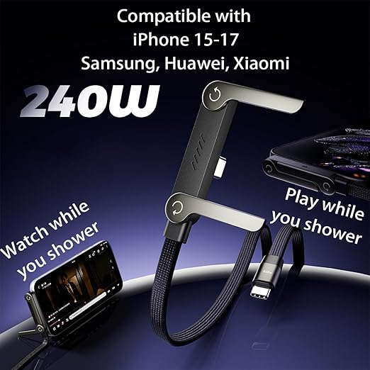 Basemo Invisible Stand Charging Cable, 2 in 1 Charging Cable with Built-in Foldable Stand, 240W Braided Fast Charge Cable, for Smartphones, Tablets, Laptops, Gaming Devices, 4.9FT (C to C)