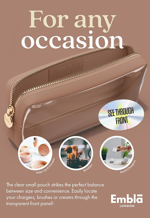 Embla London Makeup Bag Cosmetic Case, Clear Zipper Make Up Pouch and Toiletry Travel Tote, Cute Skincare Pouches for Women Girls, Preppy Purse Cosmetic Organizer, Small Makeup Bags, Mocha Mousse