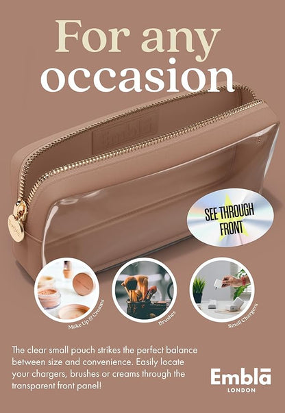 Embla London Makeup Bag Cosmetic Case, Clear Zipper Make Up Pouch and Toiletry Travel Tote, Cute Skincare Pouches for Women Girls, Preppy Purse Cosmetic Organizer, Small Makeup Bags, Mocha Mousse