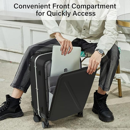 MILADA Wide Handle Carry On Luggage with Front Pocket Hardshell 20 Inch Front Opening Luggage with Spinner Wheels TSA Lock Aluminium Suitcase Airline Approved Carry-On Travel Luggage, Black
