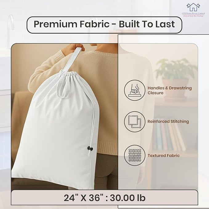 LFH Home Cotton Canvas Extra Large Laundry Bag with Handle, Stylish Drawstring Heavy Duty Laundry Bags For Travel, Home, Hotel, College Dorm and Camp Storage Bag 24x36 Inch, White, Thanks Giving