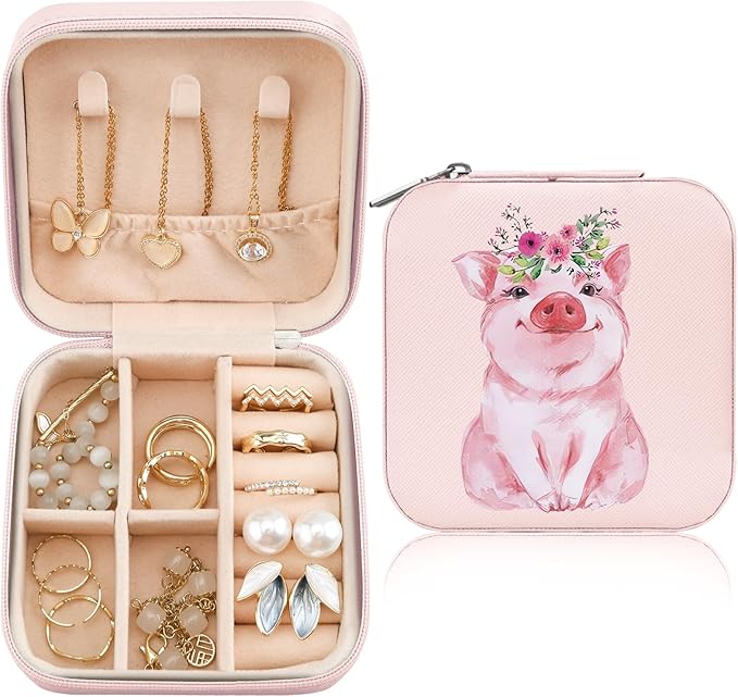 MAYCARI Jewelry Box with Cute Pink Pig Pattern Design, PU Leather Jewelry Travel Organizer Case-Rings/Earrings/Necklace Storage Box for Women Birthday Mom Friends Her Bridesmaids Girls s