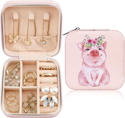 MAYCARI Jewelry Box with Cute Pink Pig Pattern Design, PU Leather Jewelry Travel Organizer Case-Rings/Earrings/Necklace Storage Box for Women Birthday Mom Friends Her Bridesmaids Girls s