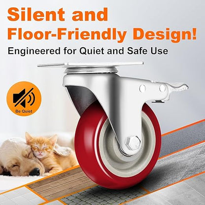 Caster Wheels 2 Inch, Heavy Duty Caster Wheels Set of 4, Swivel Castor Wheels with Dual Locking Brakes, Silent Polyurethane (PU), 360° Rotation, for Furniture and Workbench, Load 600lbs