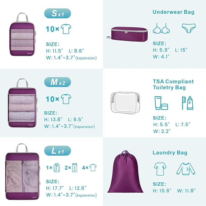Cambond See Thru Mesh Compression Packing Cubes - 7 Set Packing Cubes for Suitcases, Sturdy Travel Cubes for Carry on Suitcases Travel Essentials with Underwear Bag Shoe Bag Toiletry Bag, Purple