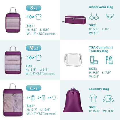 Cambond See Thru Mesh Compression Packing Cubes - 7 Set Packing Cubes for Suitcases, Sturdy Travel Cubes for Carry on Suitcases Travel Essentials with Underwear Bag Shoe Bag Toiletry Bag, Purple